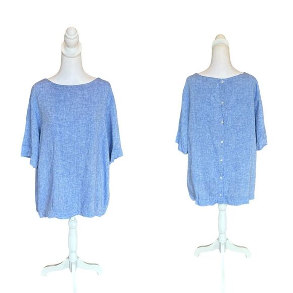 LL Bean Linen Blue Buttons Back 3 Quarter Sleeve Top Lagenlook Womens Size XL - Picture 1 of 8